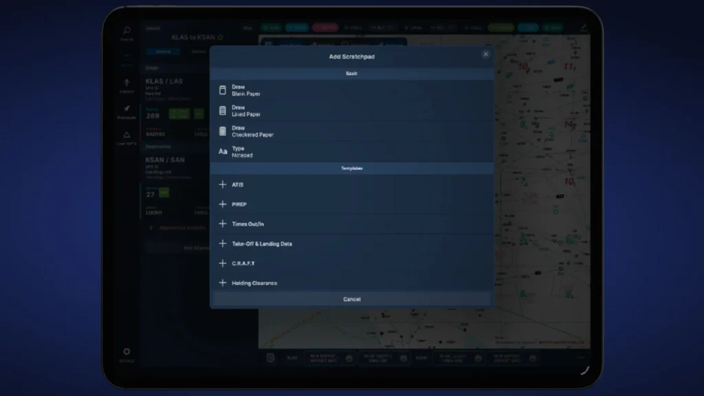 Menu de Templates do Navigraph Scratchpads