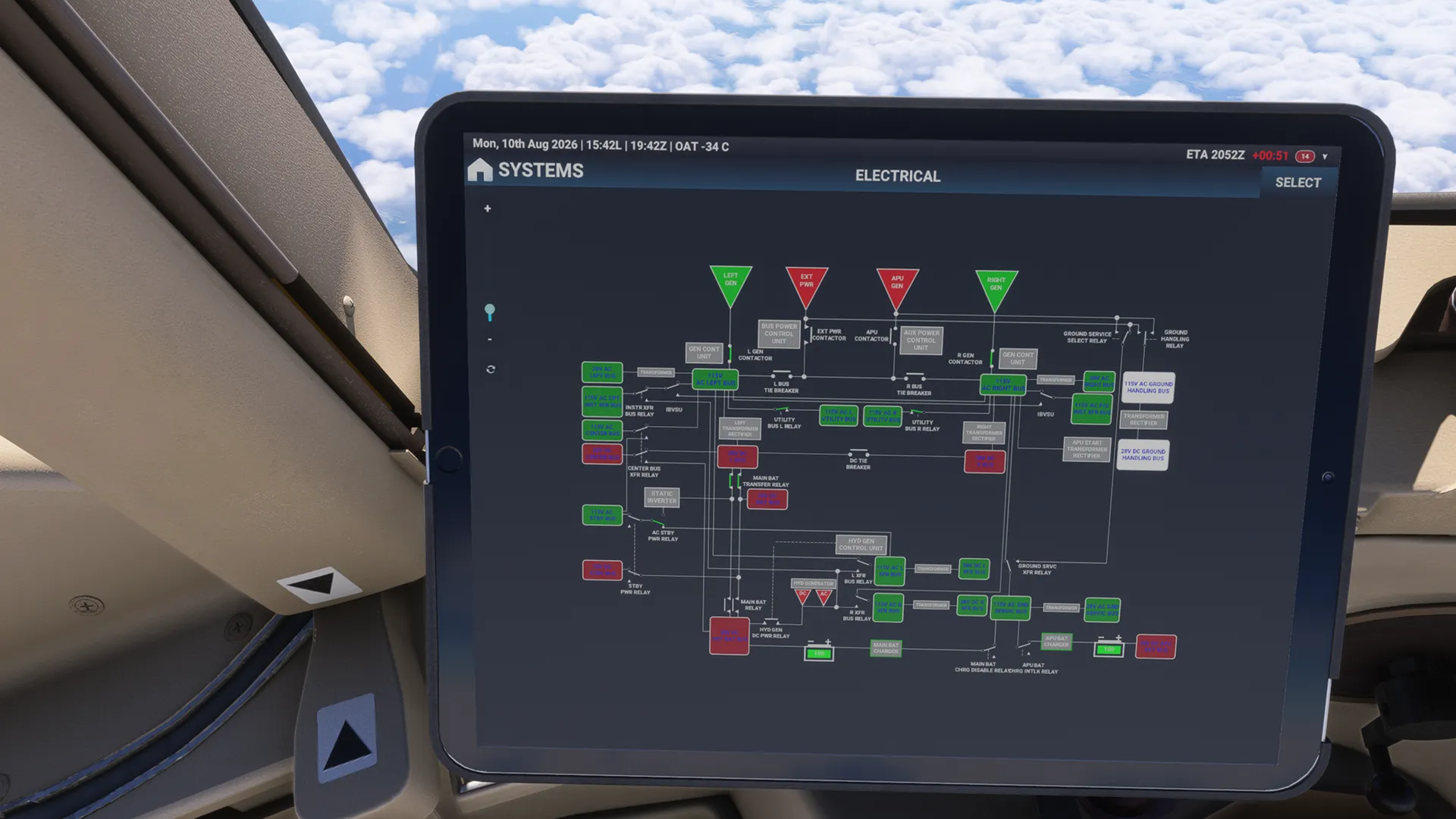 Electrical system diagram displayed on the BlueBird 757 electronic flight bag