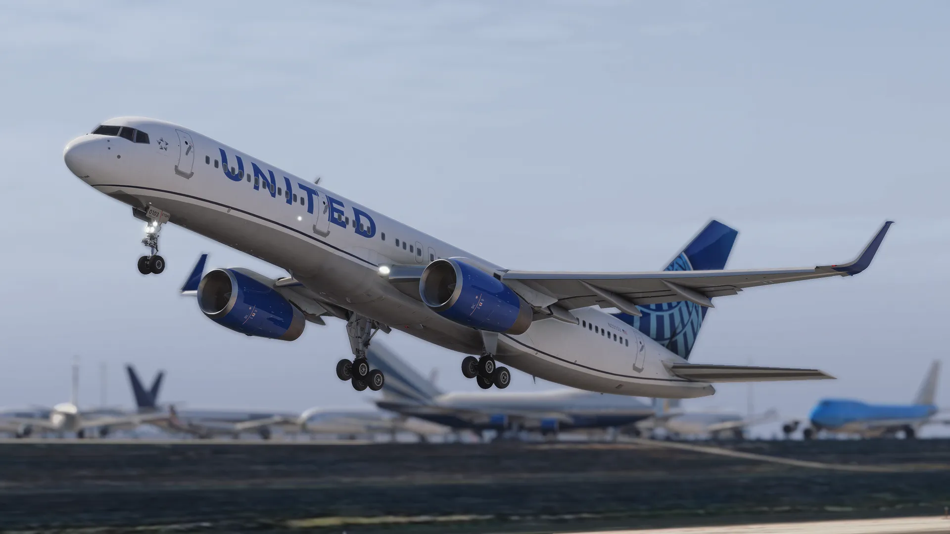 BlueBird Boeing 757-200 in United livery climbing with its landing gear extended