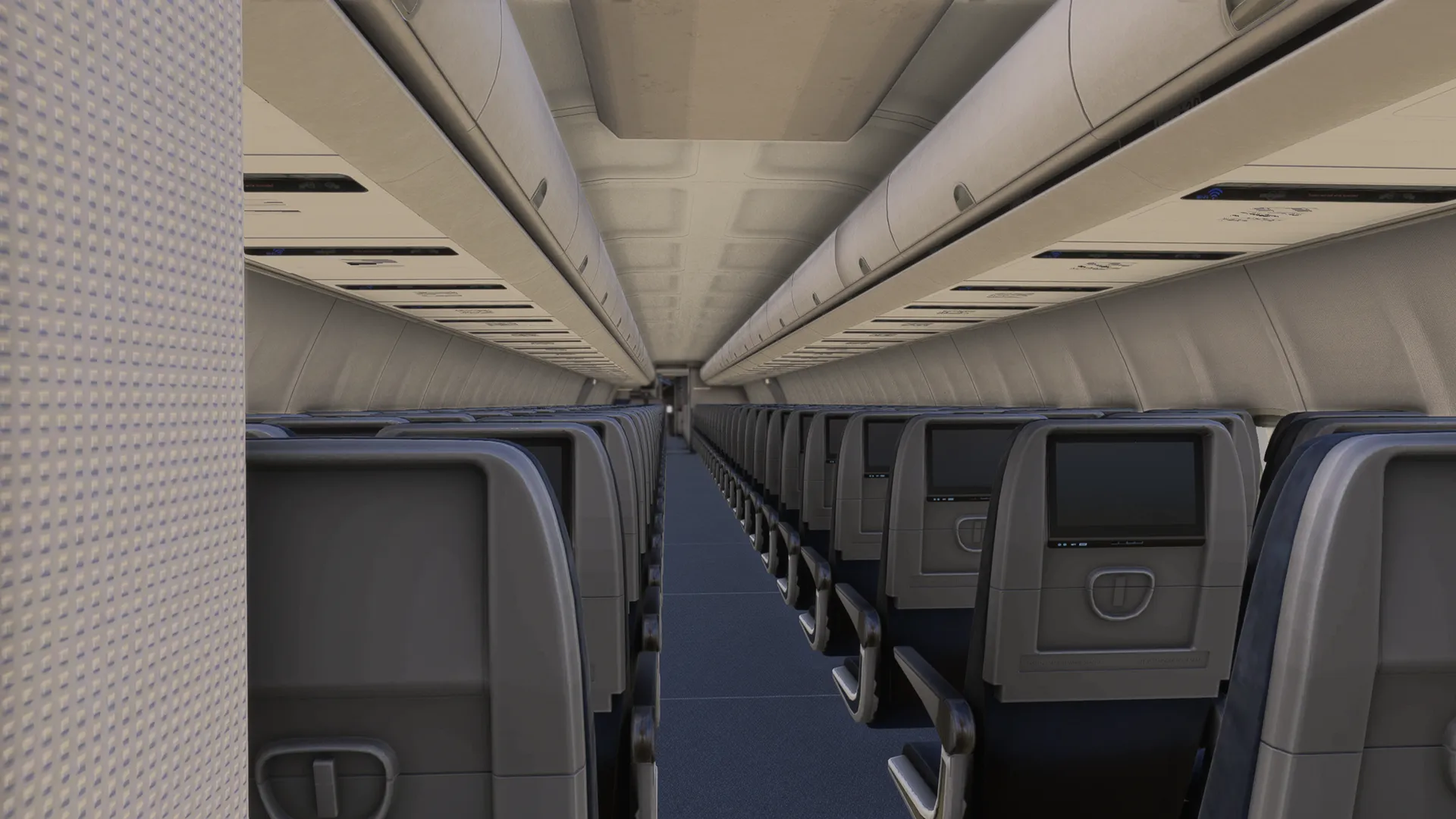 BlueBird 757 passenger cabin viewed along the aisle, with seatback screens and overhead bins