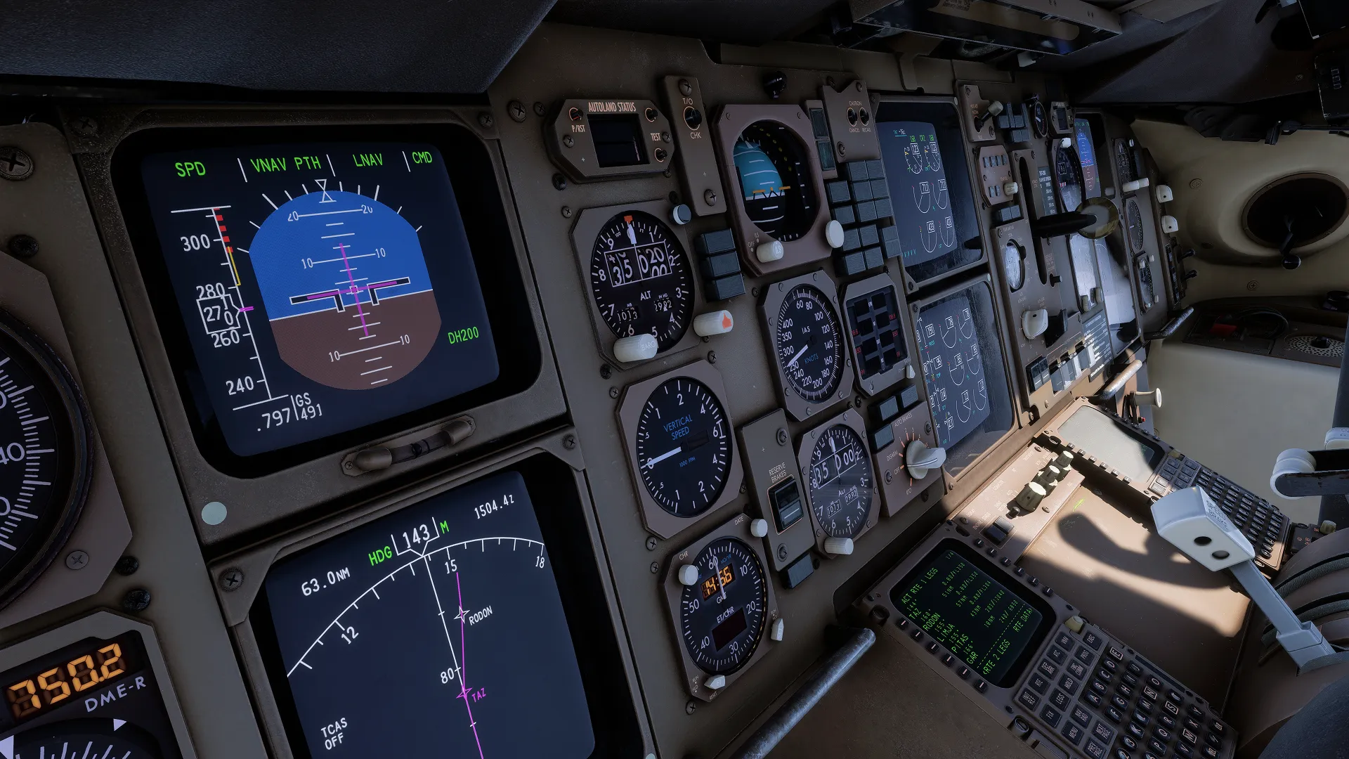 BlueBird 757 cockpit showing flight instruments and centre pedestal during flight